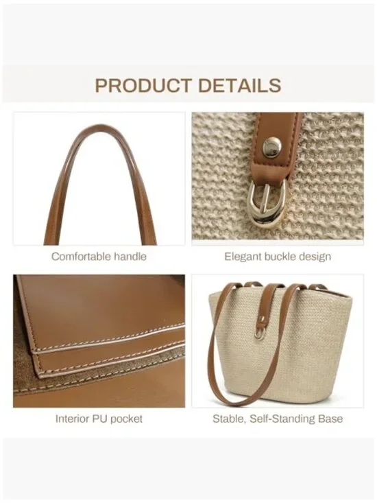 Woven Raffia Straw Tote Bag with PU Leather Handle, Beach Bag - Picture 6 of 7